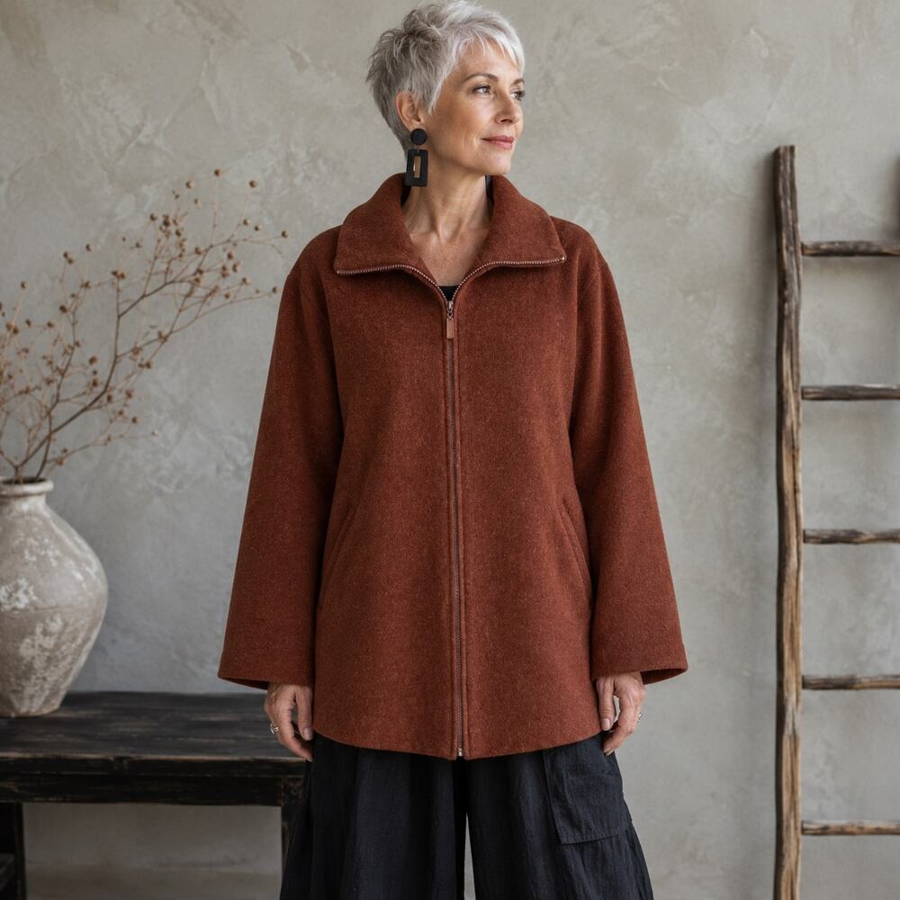 Eileen Fisher Brown Wool Zip Coat Large